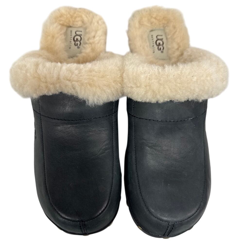 UGG Australia Black Kalie Leather and Sheepskin Lined Clog, Size 7, Women's